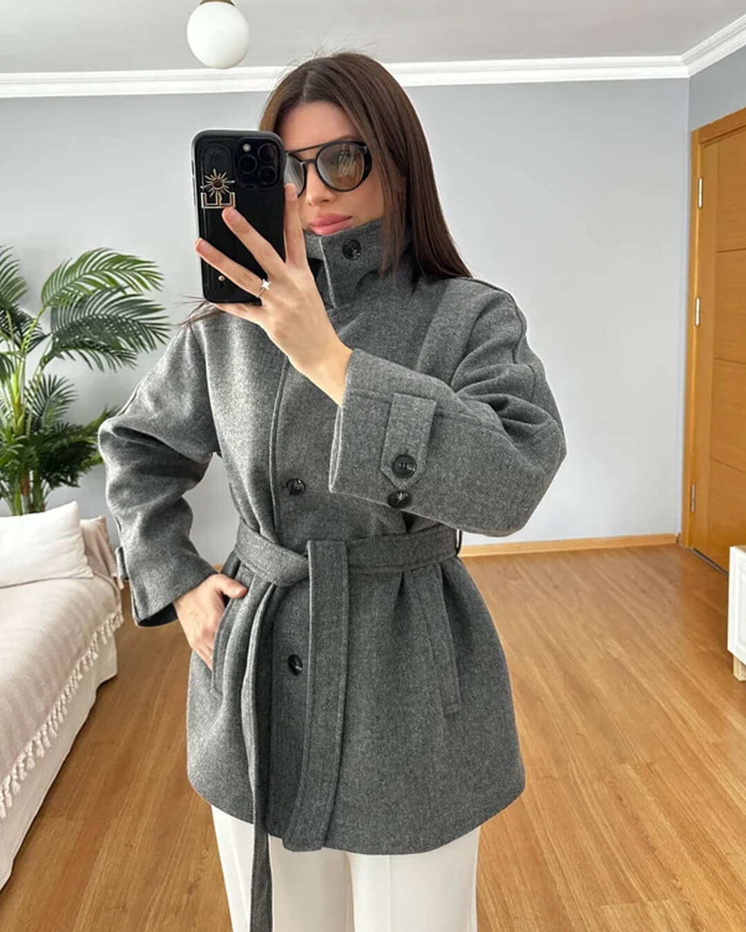 Felly Faux Wool Coat with Belt - Women's Fall and Winter Outerwear - Image 3