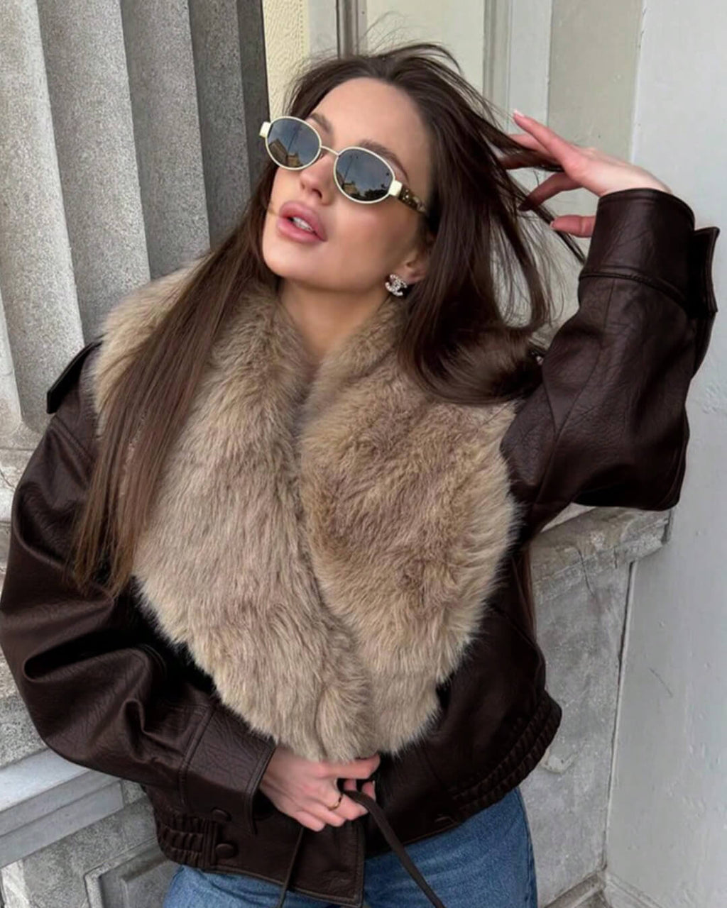 Francesca Faux Leather Jacket with Detachable Fur Collar - Women's Fall and Winter Outerwear - Image 6