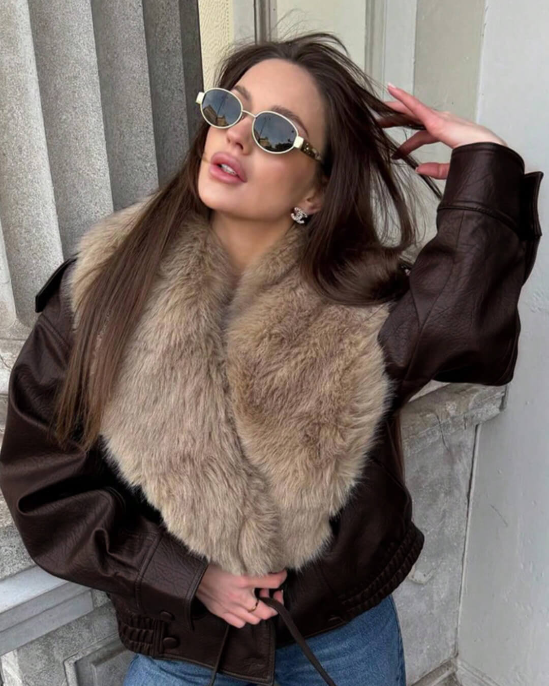 Francesca Faux Leather Jacket with Detachable Fur Collar - Women's Fall and Winter Outerwear - Image 6
