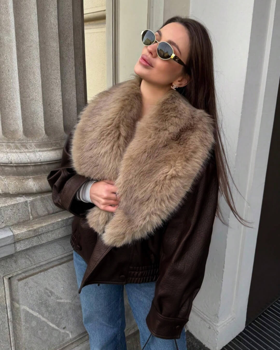 Francesca Faux Leather Jacket with Detachable Fur Collar - Women's Fall and Winter Outerwear - Image 5