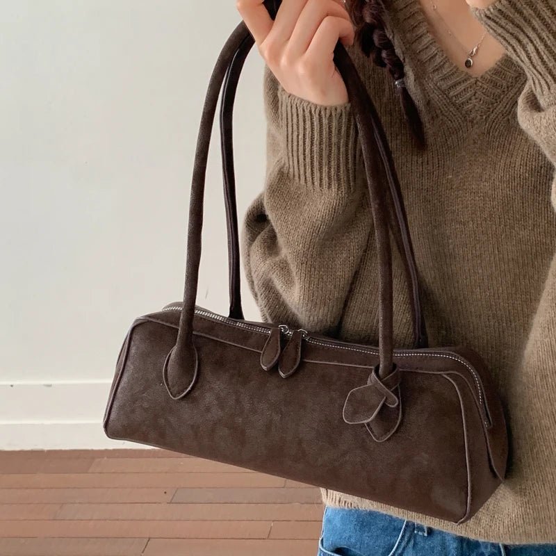 Adora Suede Baguette Shoulder Bag - Vintage Underarm Handbag - Image 2