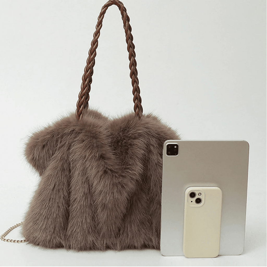 Loreen Faux Fur Tote Bag with Metal Chain - Plush Shoulder Tote Handbag - Image 10