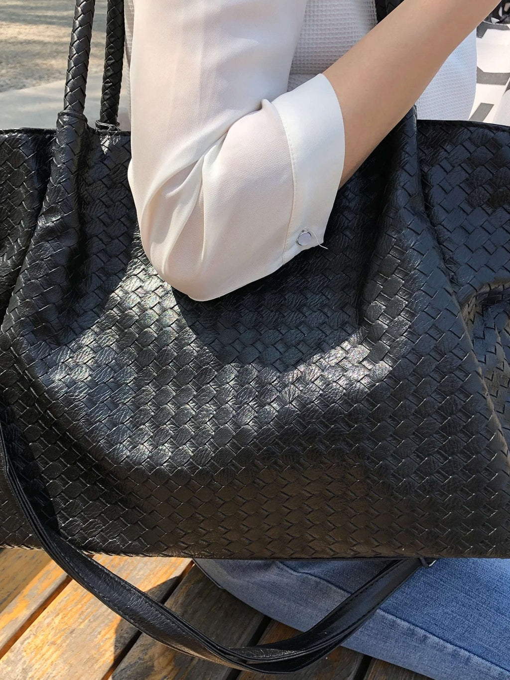 Gracie Woven Bag XL - Black Large Woven Tote Bag - Image 7
