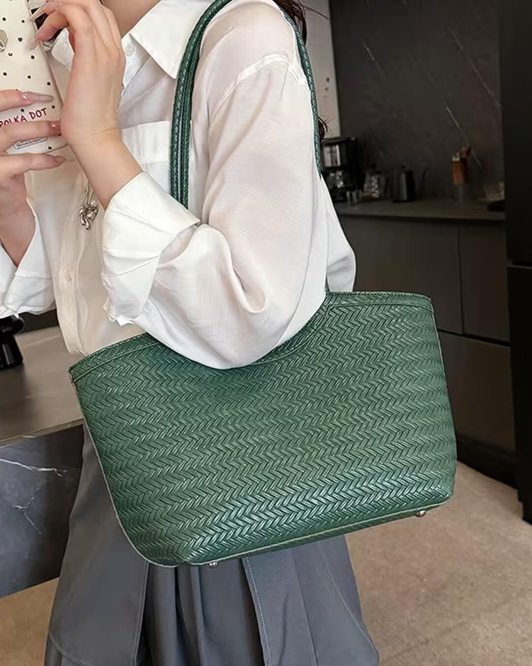 Rica Woven Faux Leather Handbag - Chic Woven Tote Bag - Image 8