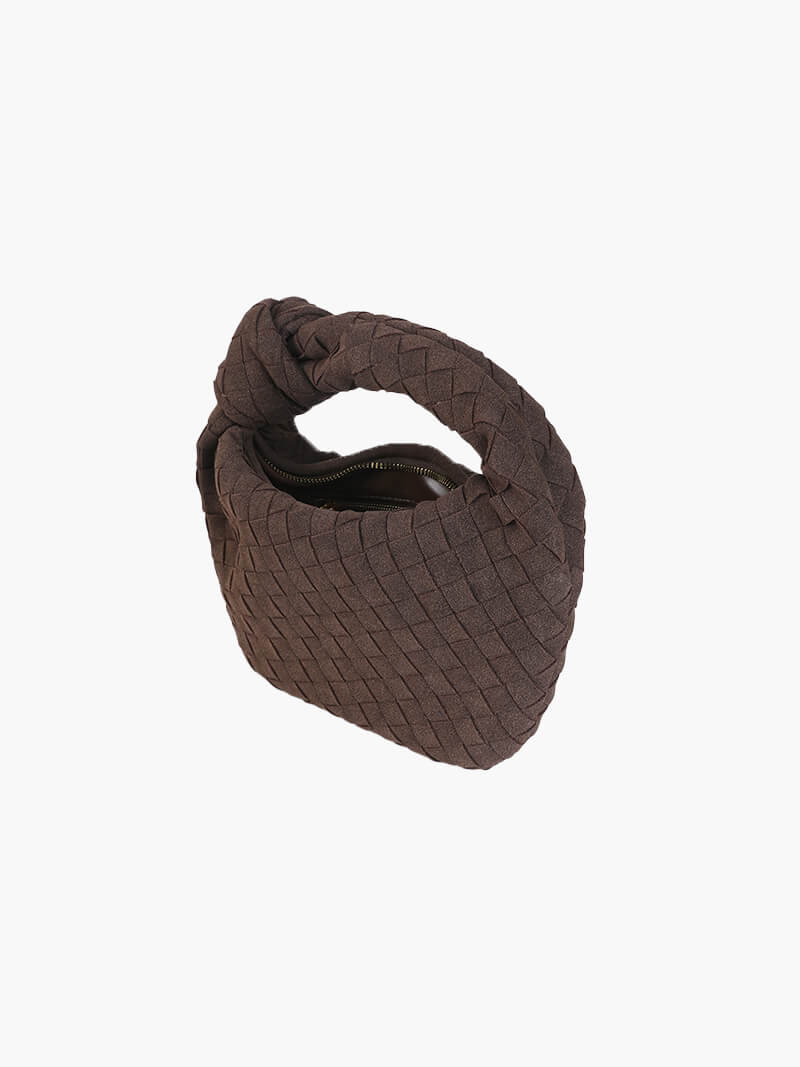 Suede Woven Mini Handbag - Knot Detail Top Handle Style - Image 2