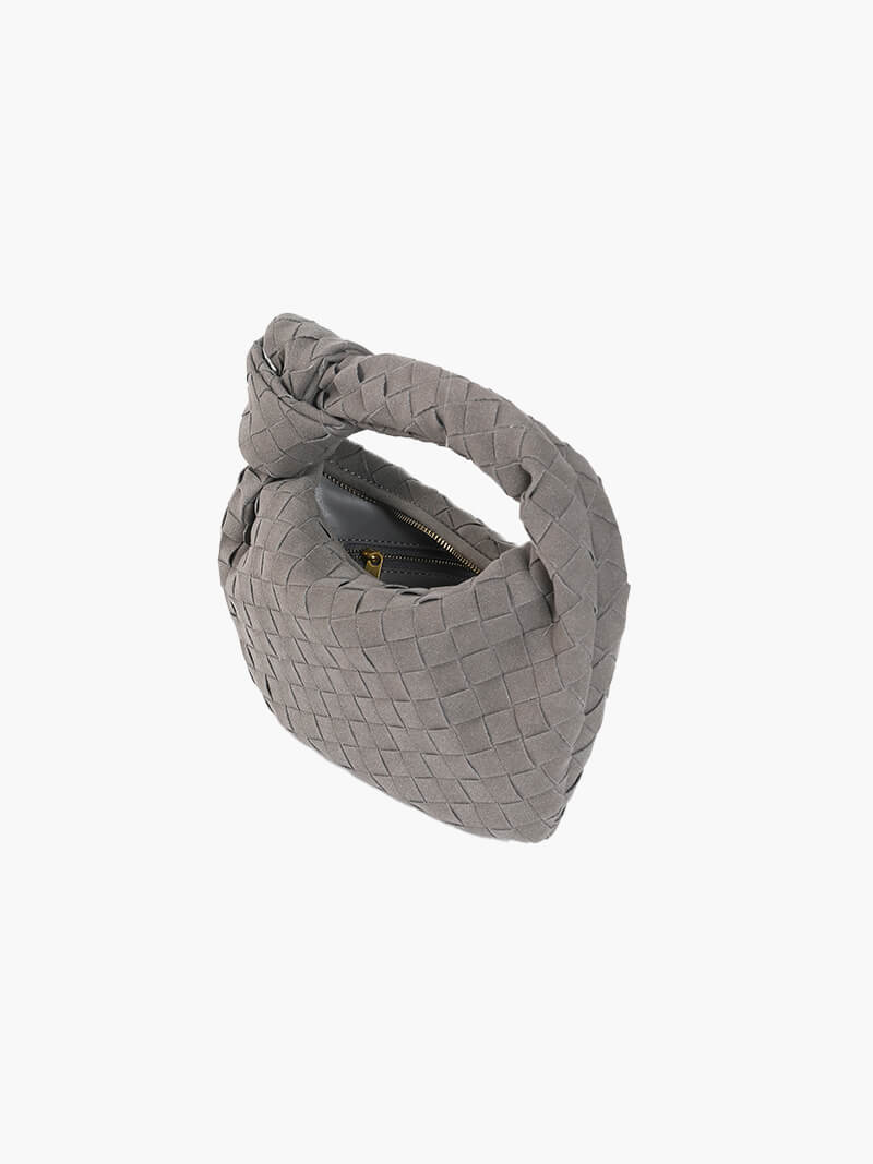 Suede Woven Mini Handbag - Knot Detail Top Handle Style - Image 12