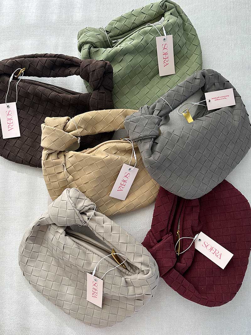 Suede Woven Mini Handbag - Knot Detail Top Handle Style - Image 14