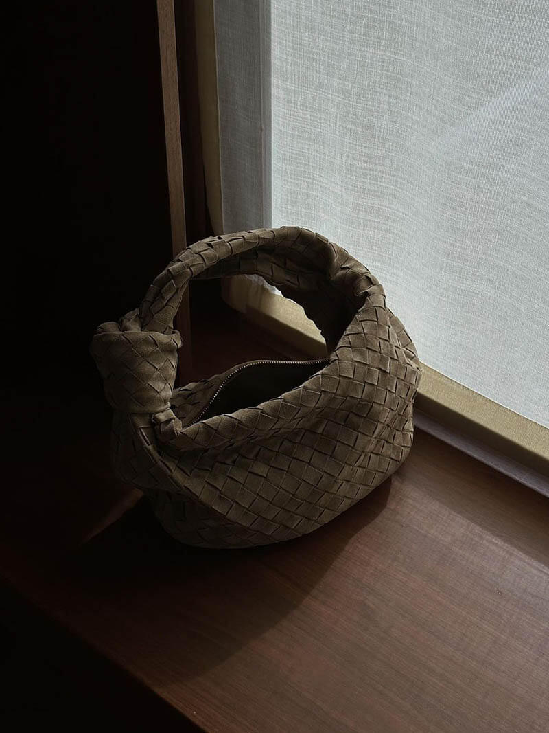 Suede Woven Mini Handbag - Knot Detail Top Handle Style - Image 24