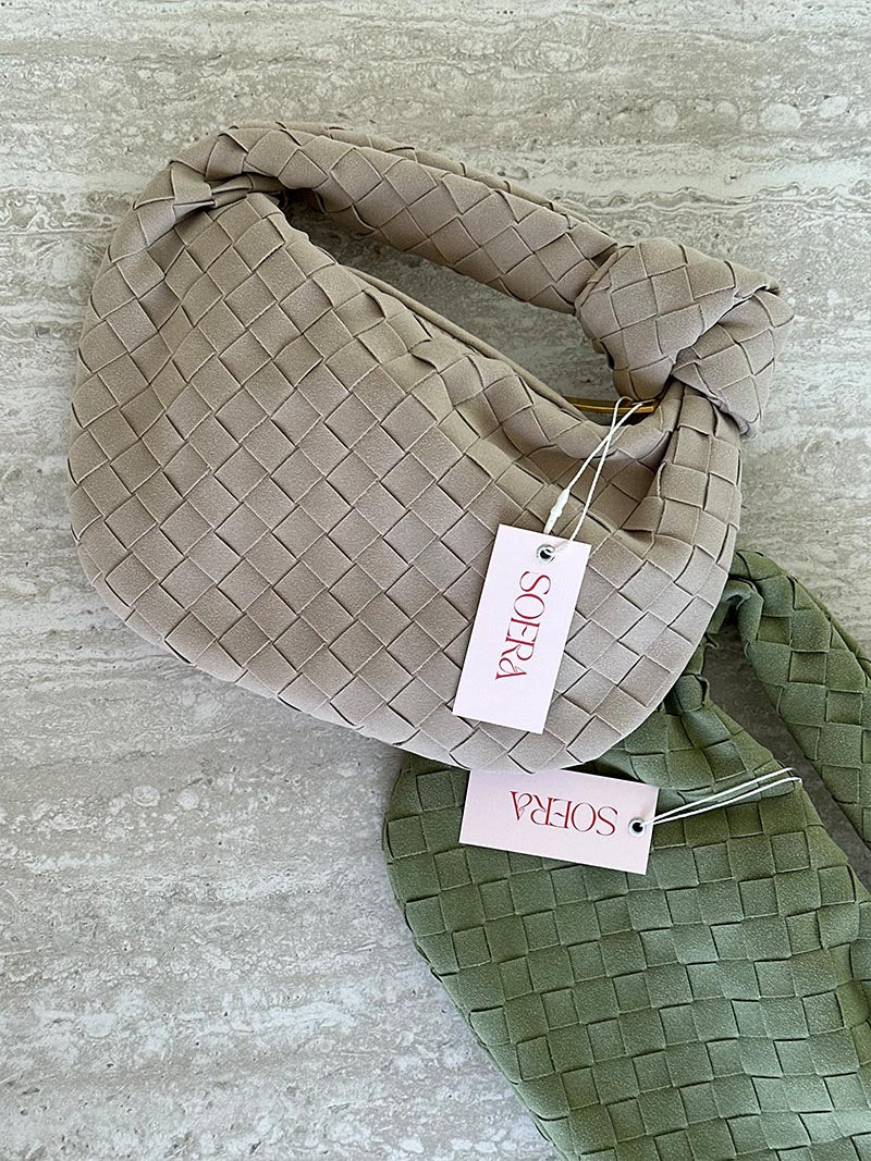 Suede Woven Mini Handbag - Knot Detail Top Handle Style - Image 17