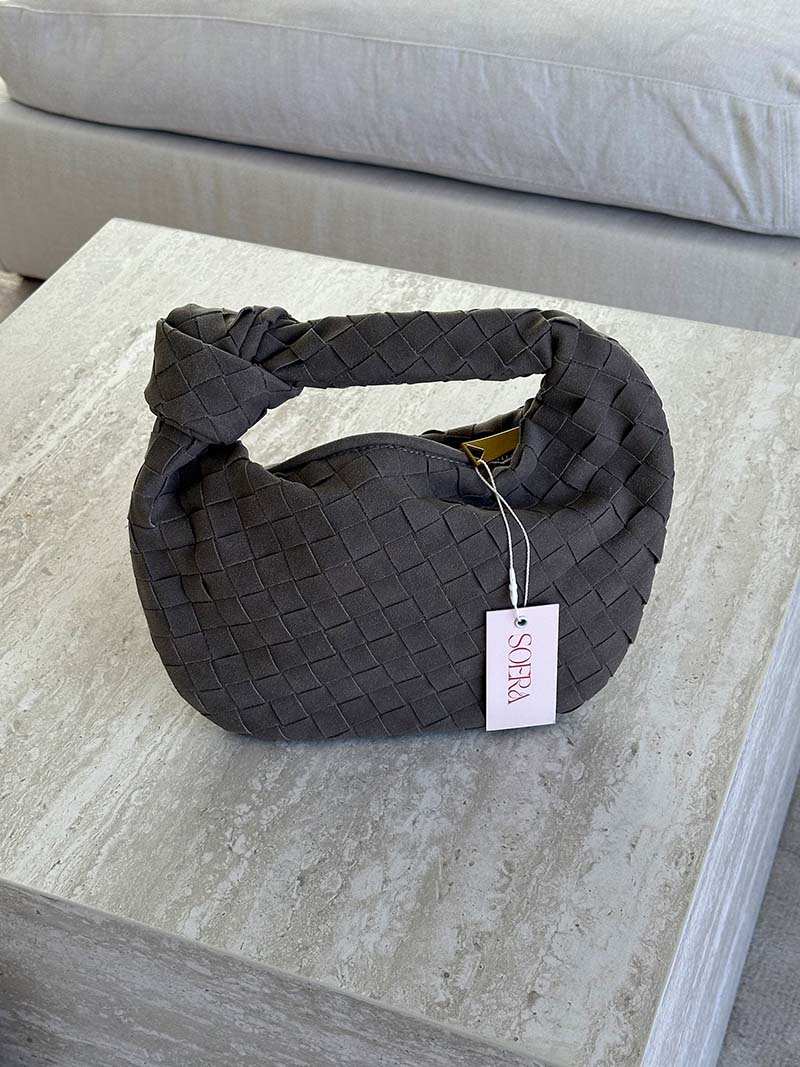 Suede Woven Mini Handbag - Knot Detail Top Handle Style - Image 21