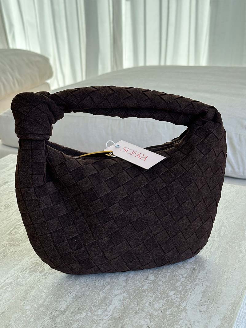 Suede Woven Mini Handbag - Knot Detail Top Handle Style - Image 18
