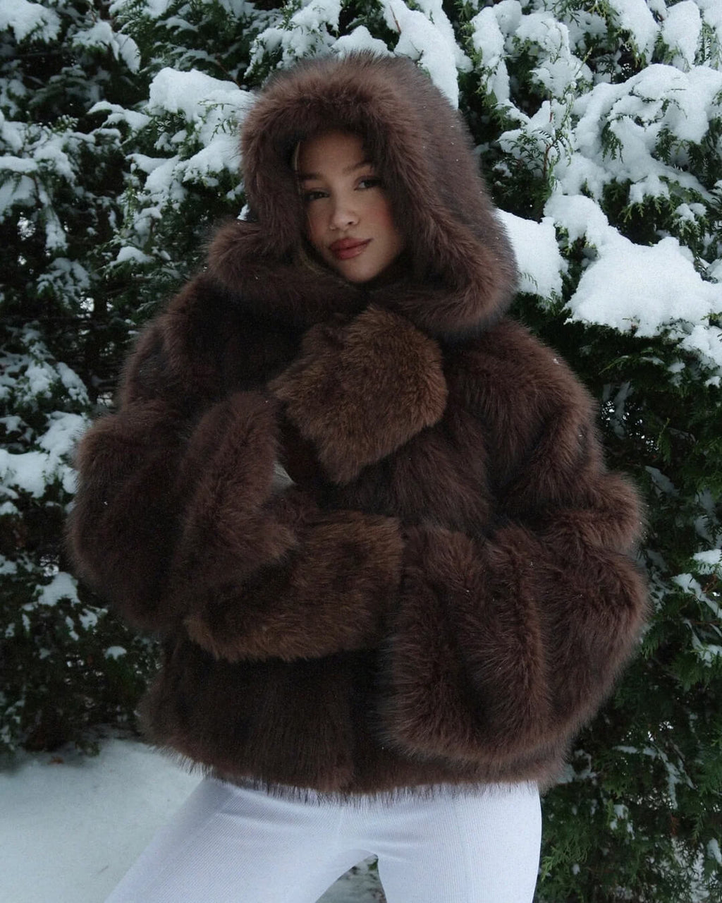 Ivy Faux Fur Hooded Short Coat - Women's Fall and Winter Outerwear