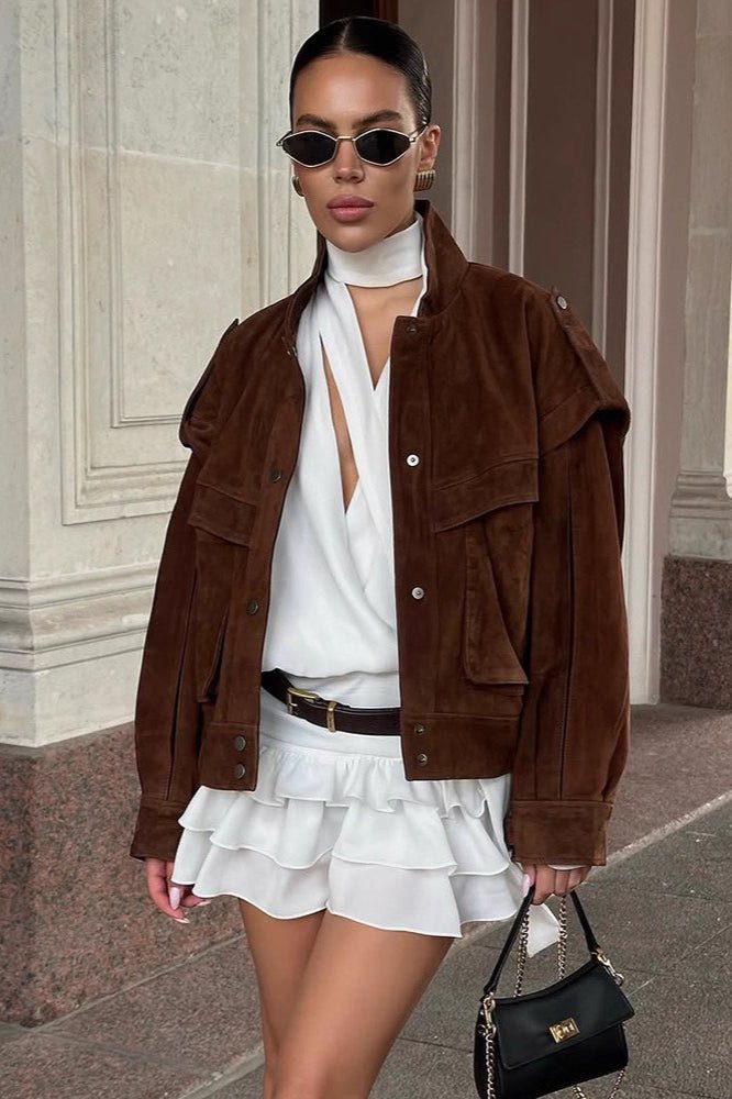 Mila Wide Shoulder Suede Jacket - Women's Everyday Outerwear - Image 2