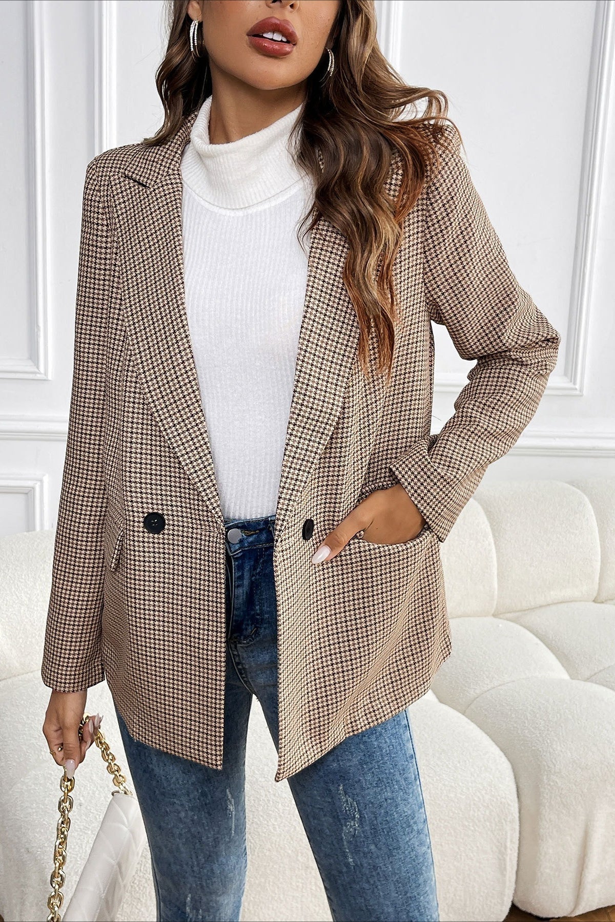 Beatrice Vintage Houndstooth Blazer - Women's Fall and Winter Outerwear