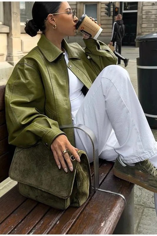 Bilge Vintage Green Faux Leather Jacket - Women's Everyday Outerwear