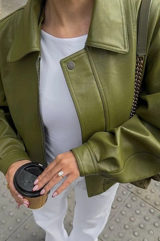 Bilge Vintage Green Faux Leather Jacket - Women's Everyday Outerwear - Image 2