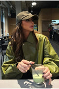 Bilge Vintage Green Faux Leather Jacket - Women's Everyday Outerwear - Image 3