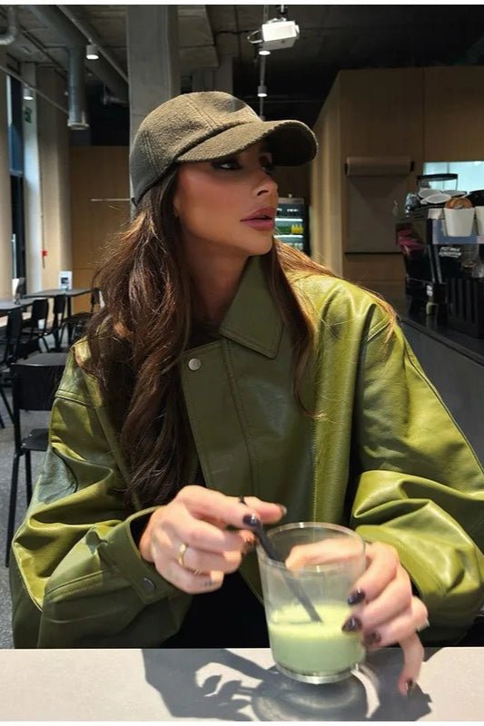 Bilge Vintage Green Faux Leather Jacket - Women's Everyday Outerwear - Image 3