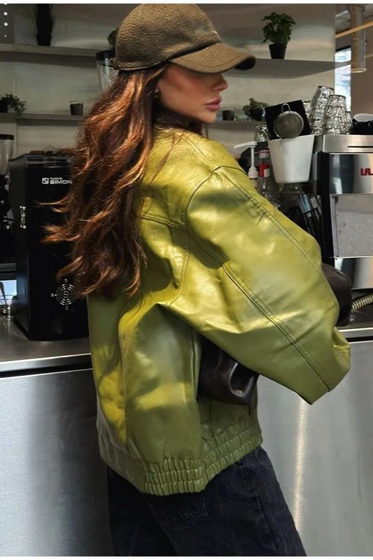 Bilge Vintage Green Faux Leather Jacket - Women's Everyday Outerwear - Image 4