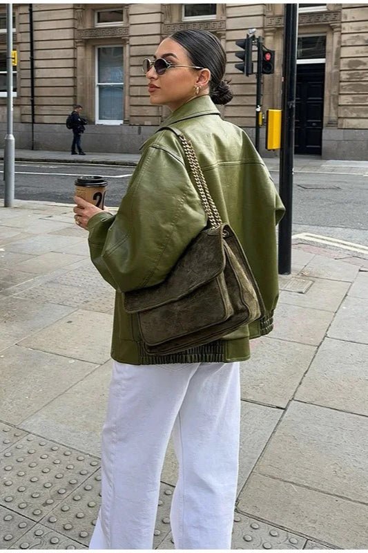 Bilge Vintage Green Faux Leather Jacket - Women's Everyday Outerwear - Image 7