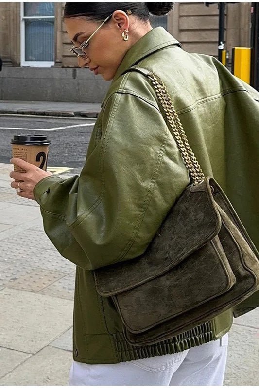 Bilge Vintage Green Faux Leather Jacket - Women's Everyday Outerwear - Image 6