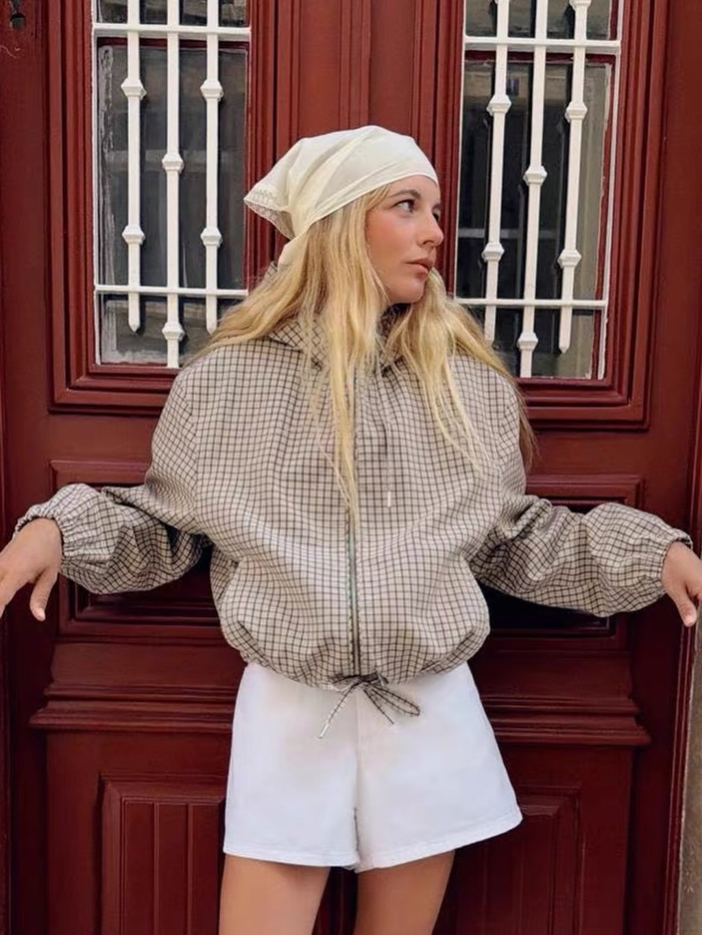 Daniela Plaid Hooded Cropped Jacket - Women's Everyday Outerwear - Image 2