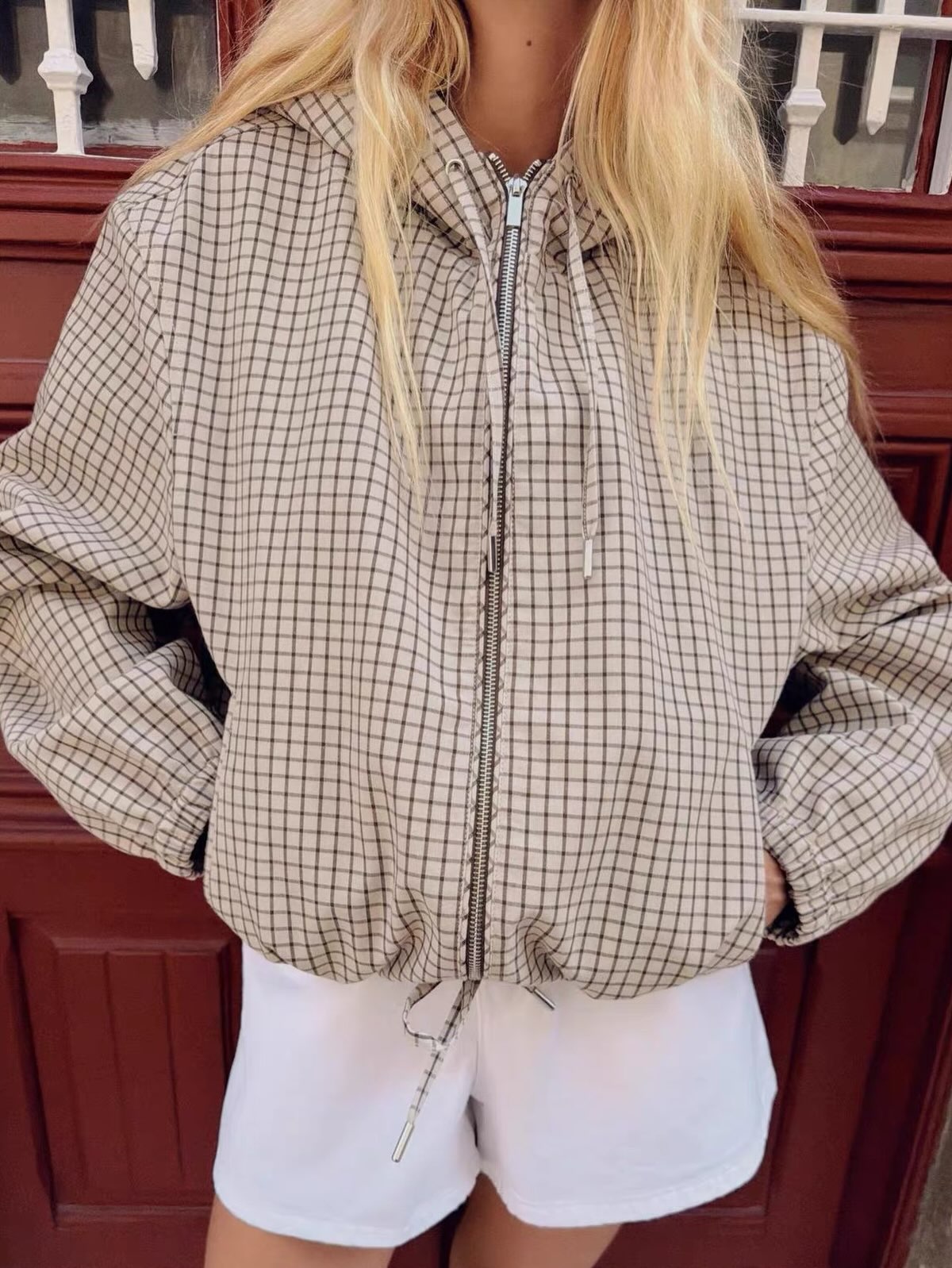 Daniela Plaid Hooded Cropped Jacket - Women's Everyday Outerwear