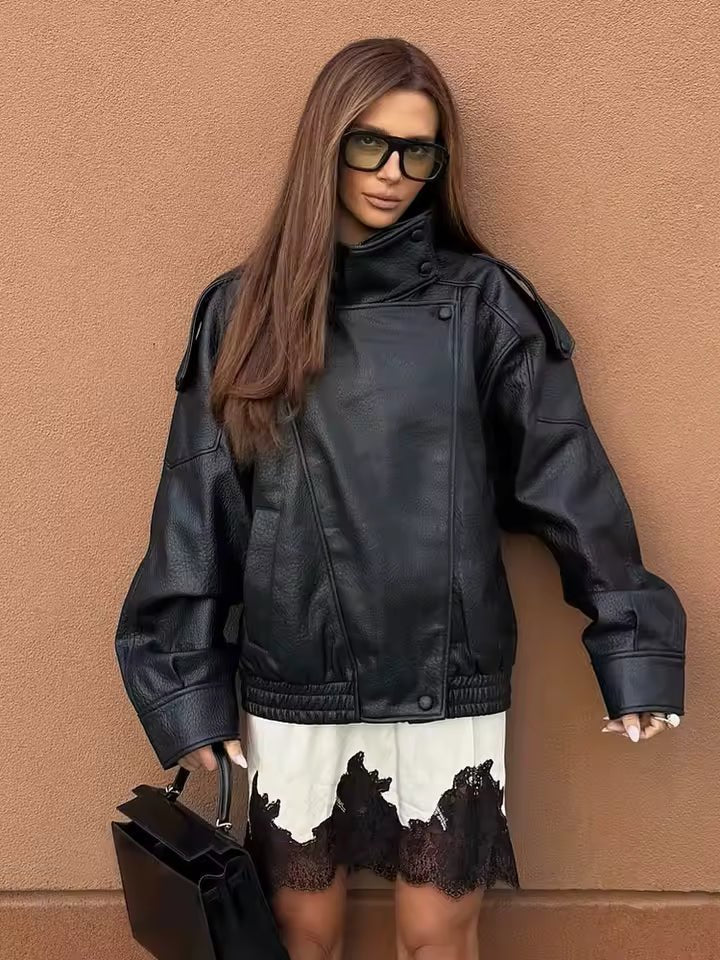 Elena Women's Oversized Asymmetric Button Jacket - Casual Loose Fit Polyester Outerwear - Image 3