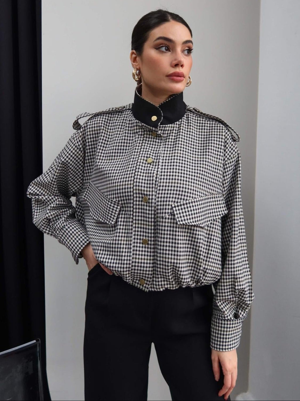 Emma High Neck Checked Bomber Jacket - Women's Everyday Outerwear