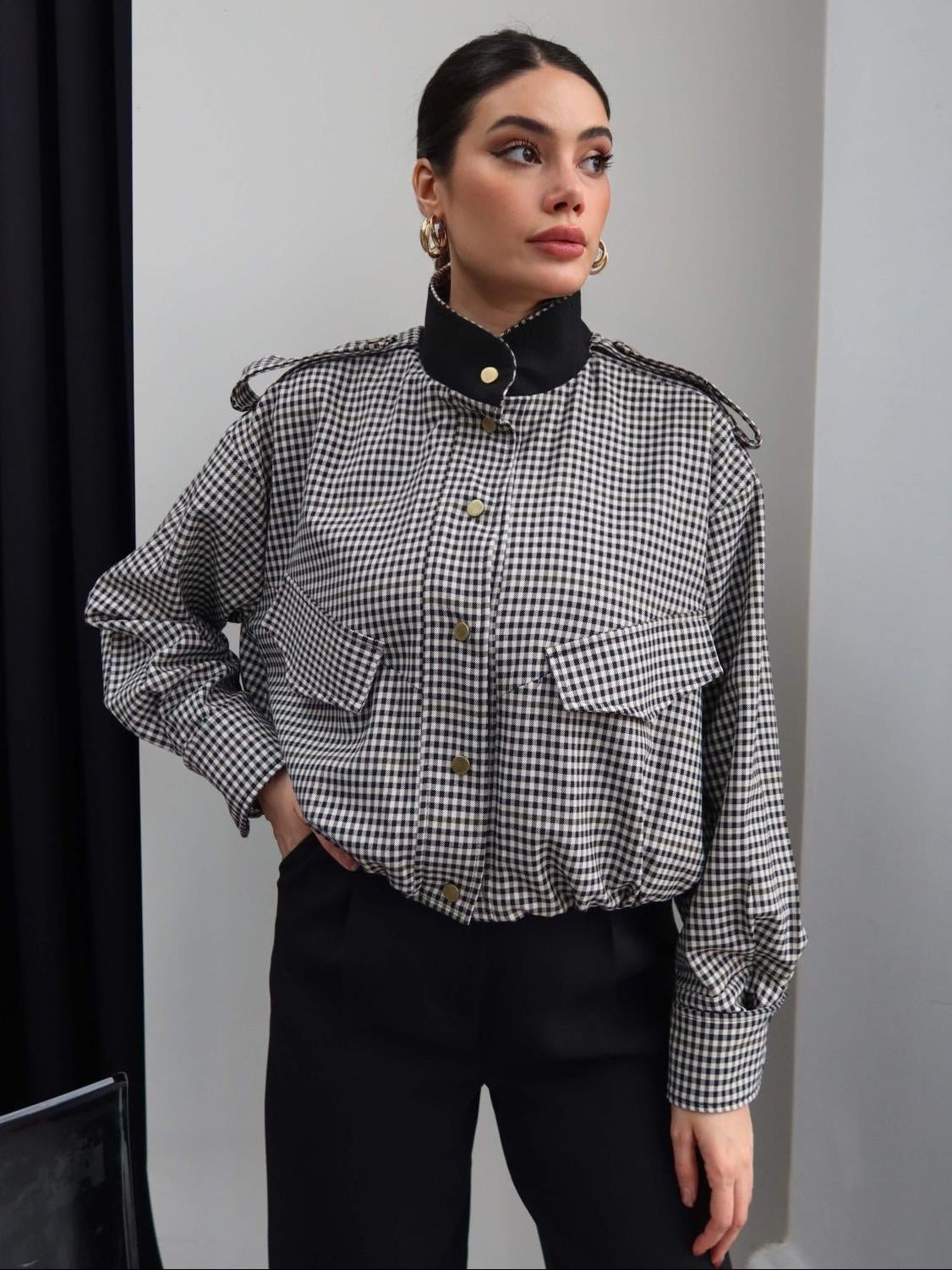 Emma High Neck Checked Bomber Jacket - Women's Everyday Outerwear
