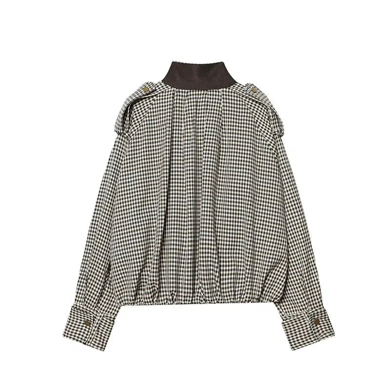 Emma High Neck Checked Bomber Jacket - Women's Everyday Outerwear - Image 13