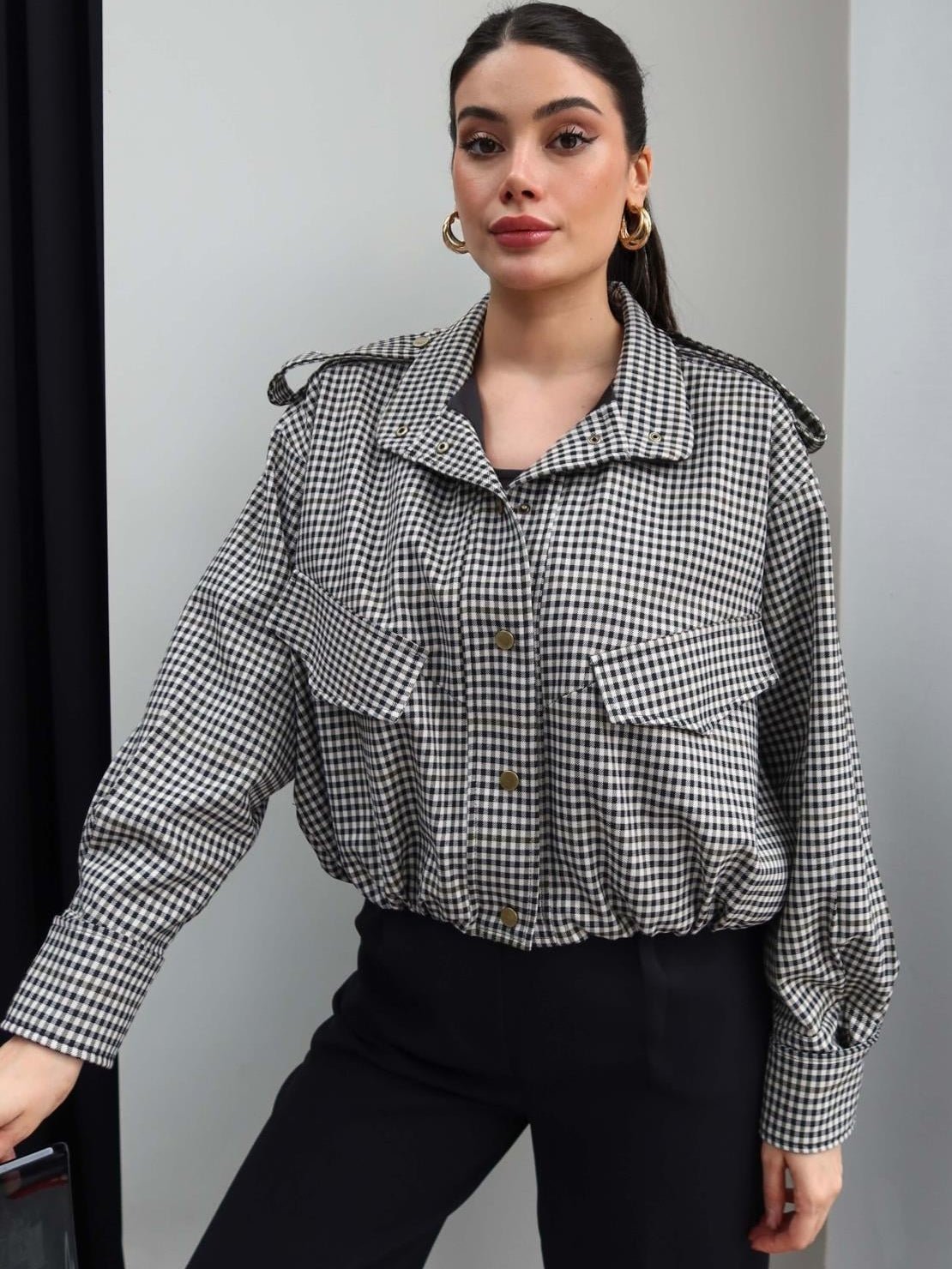 Emma High Neck Checked Bomber Jacket - Women's Everyday Outerwear - Image 4