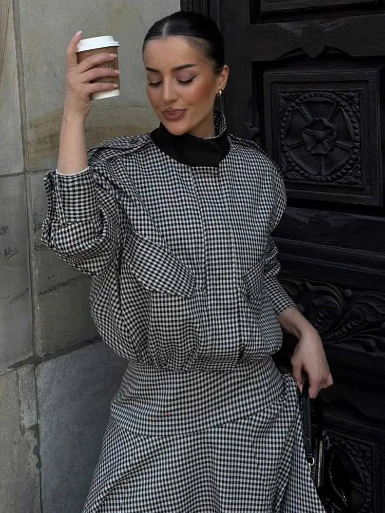 Emma High Neck Checked Bomber Jacket - Women's Everyday Outerwear - Image 6