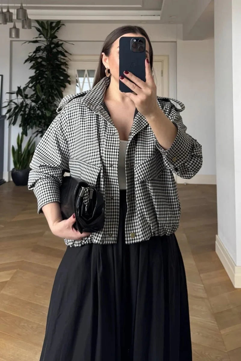 Emma High Neck Checked Bomber Jacket - Women's Everyday Outerwear - Image 11