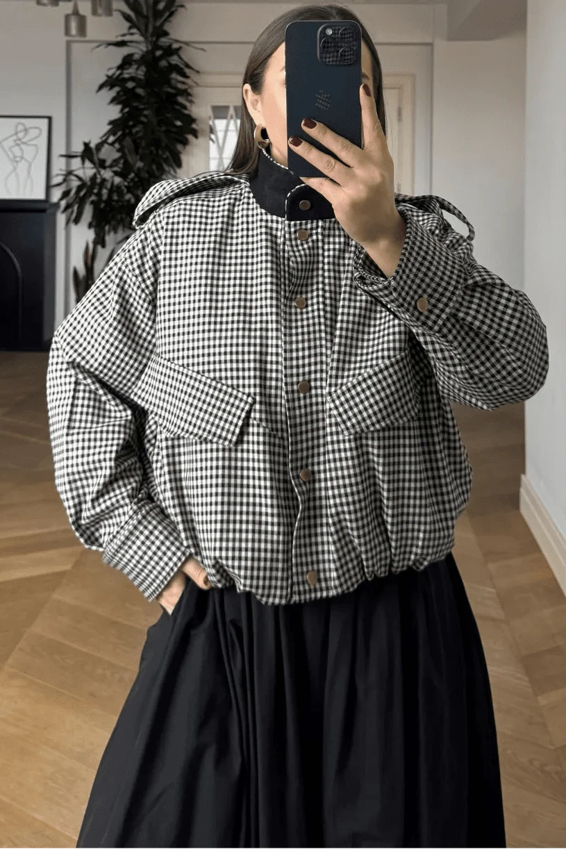 Emma High Neck Checked Bomber Jacket - Women's Everyday Outerwear - Image 10