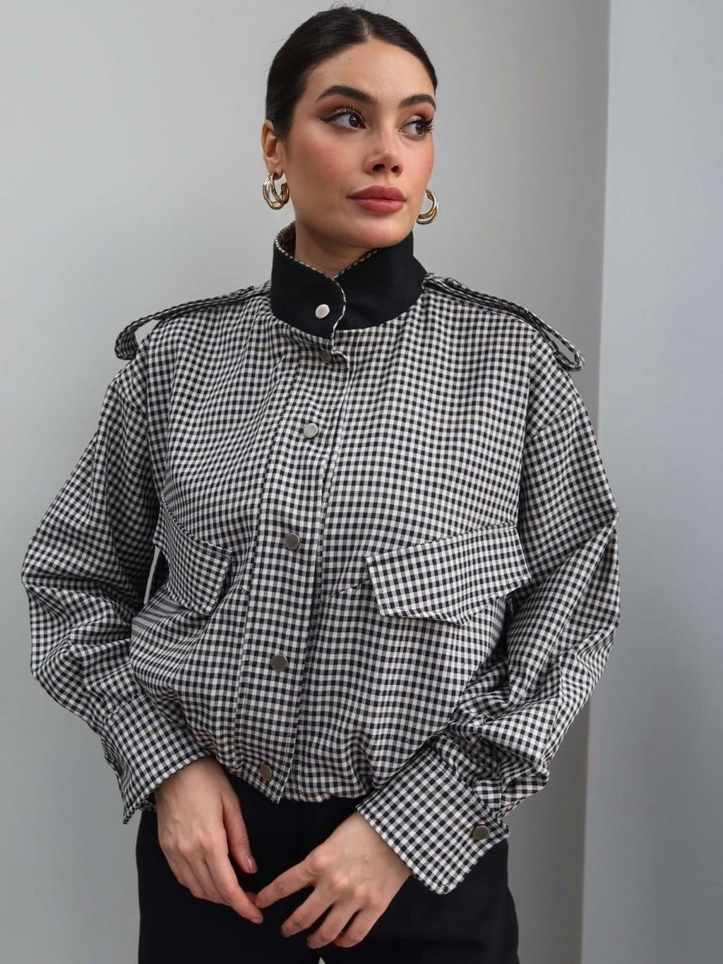 Emma High Neck Checked Bomber Jacket - Women's Everyday Outerwear - Image 5