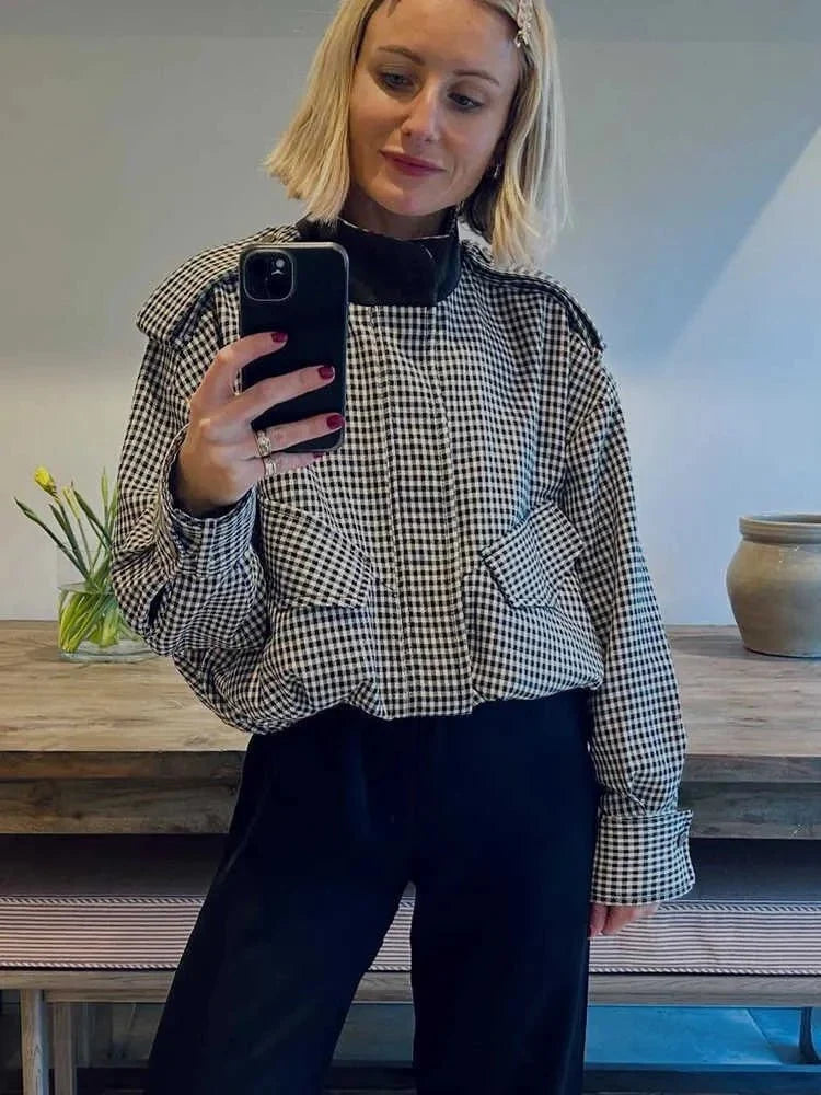 Emma High Neck Checked Bomber Jacket - Women's Everyday Outerwear - Image 7