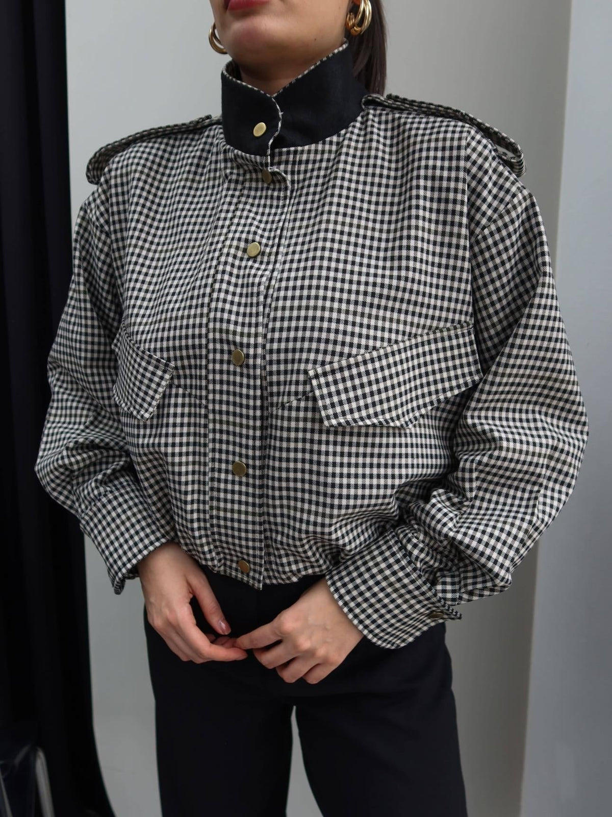 Emma High Neck Checked Bomber Jacket - Women's Everyday Outerwear - Image 3