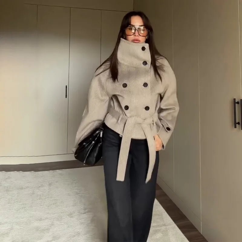 Esther Belted Funnel Neck Coat - Women's Everyday Outerwear - Image 2