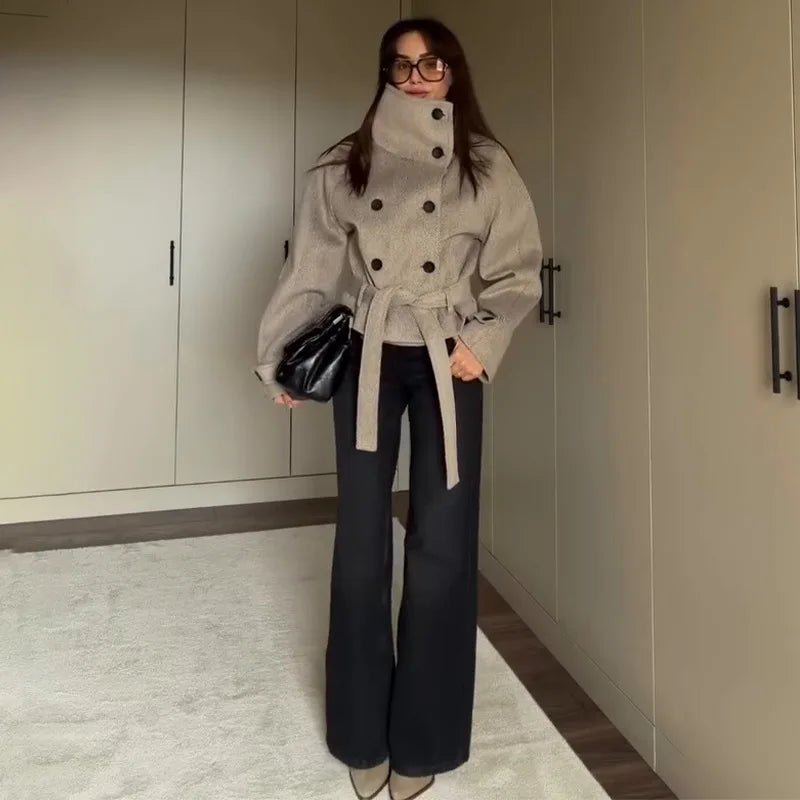 Esther Belted Funnel Neck Coat - Women's Everyday Outerwear - Image 3