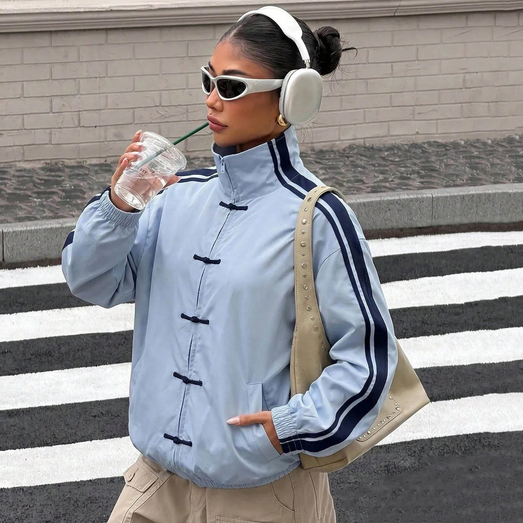 Mary Mandarin Striped Oversized Jacket - Women's Everyday Outerwear - Image 6