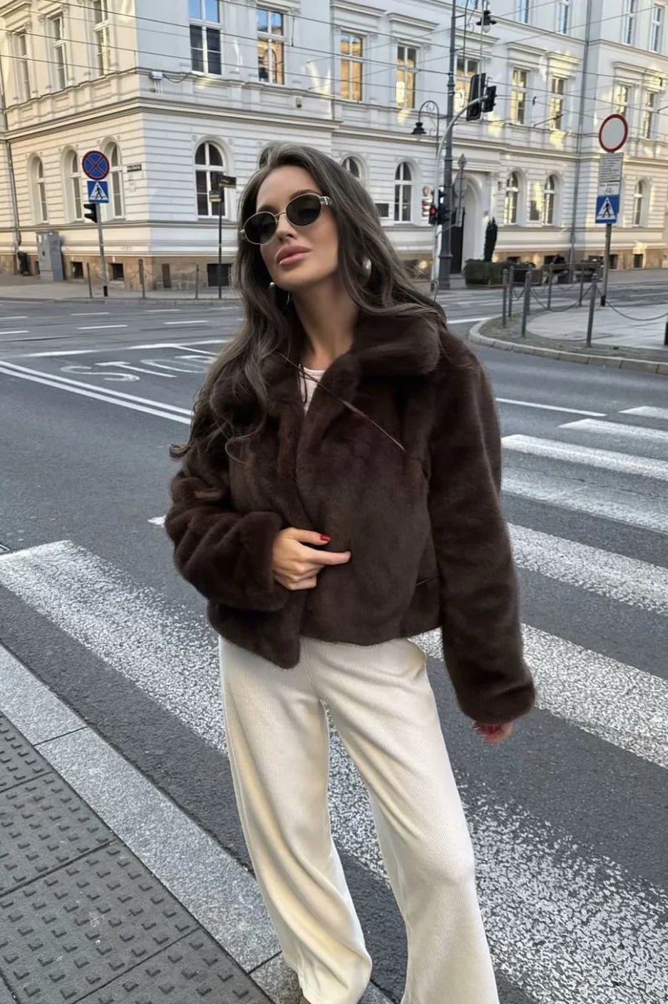 Abby Short Faux Fur Collar Coat - Regular Fit Lapel Winter Jacket, Dark Brown - Image 2