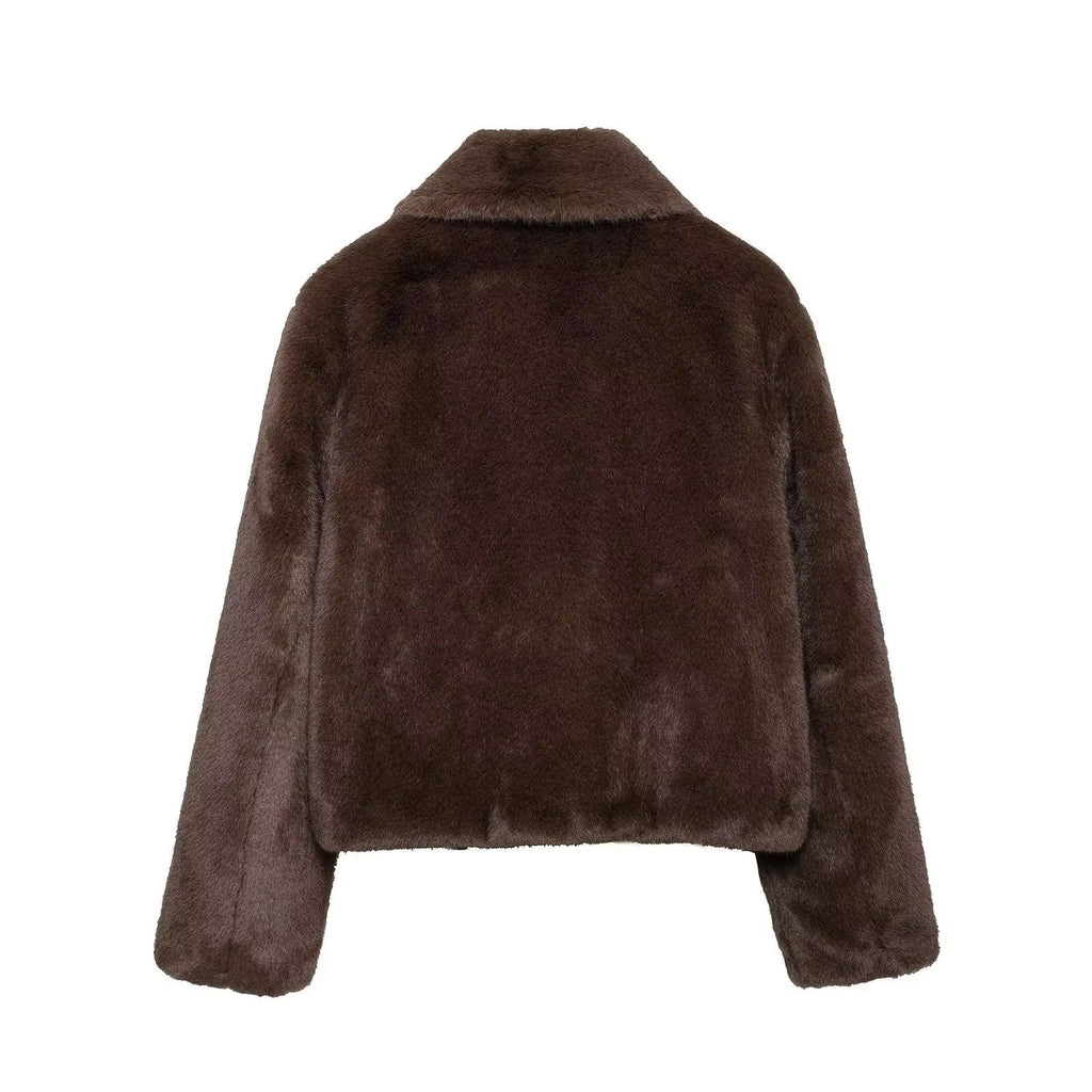 Abby Short Faux Fur Collar Coat - Regular Fit Lapel Winter Jacket, Dark Brown - Image 9