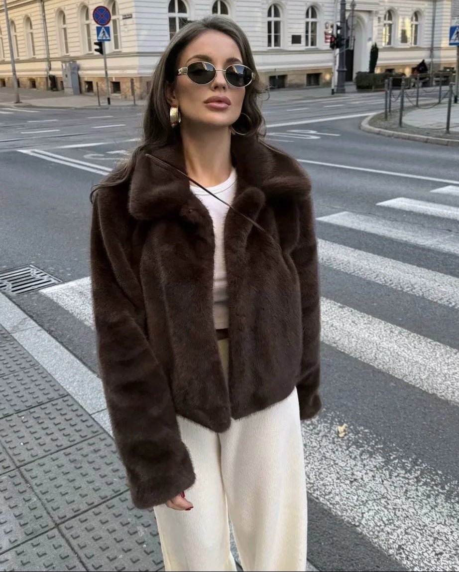 Abby Short Faux Fur Collar Coat - Regular Fit Lapel Winter Jacket, Dark Brown