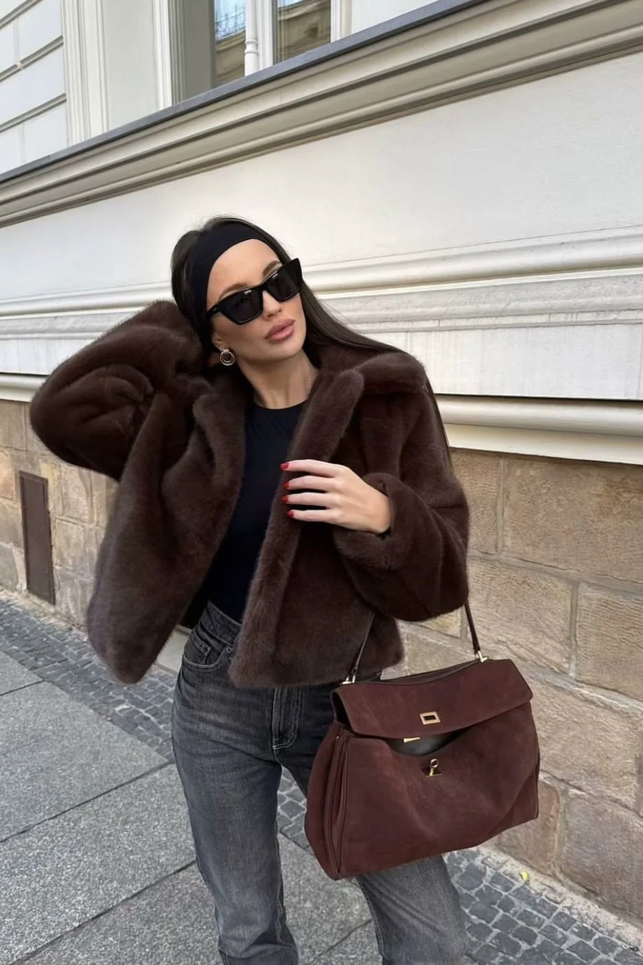 Abby Short Faux Fur Collar Coat - Regular Fit Lapel Winter Jacket, Dark Brown - Image 3