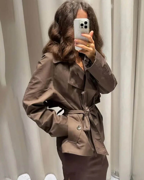 Alianna Belted Short Trench Coat - Women's Fall and Winter Outerwear - Image 2