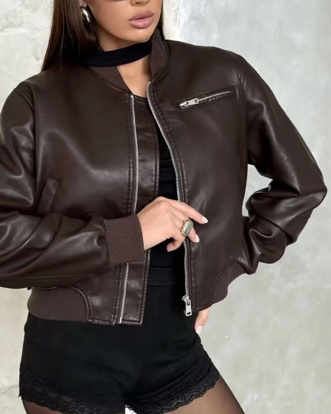 Arabella Faux Leather Bomber Jacket - Women's Fall and Winter Outerwear