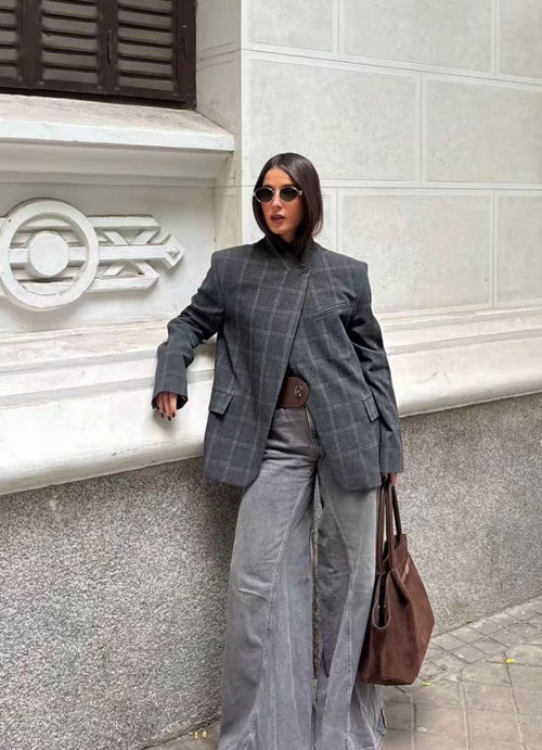 Aurelia Stand Collar Plaid Blazer - Women's Fall and Winter Outerwear
