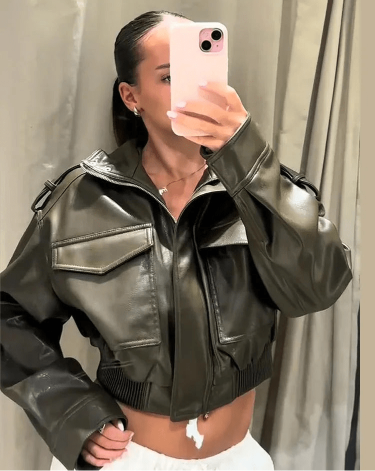 Brianna Faux Leather Bomber Jacket - Women's Fall and Winter Outerwear - Image 4