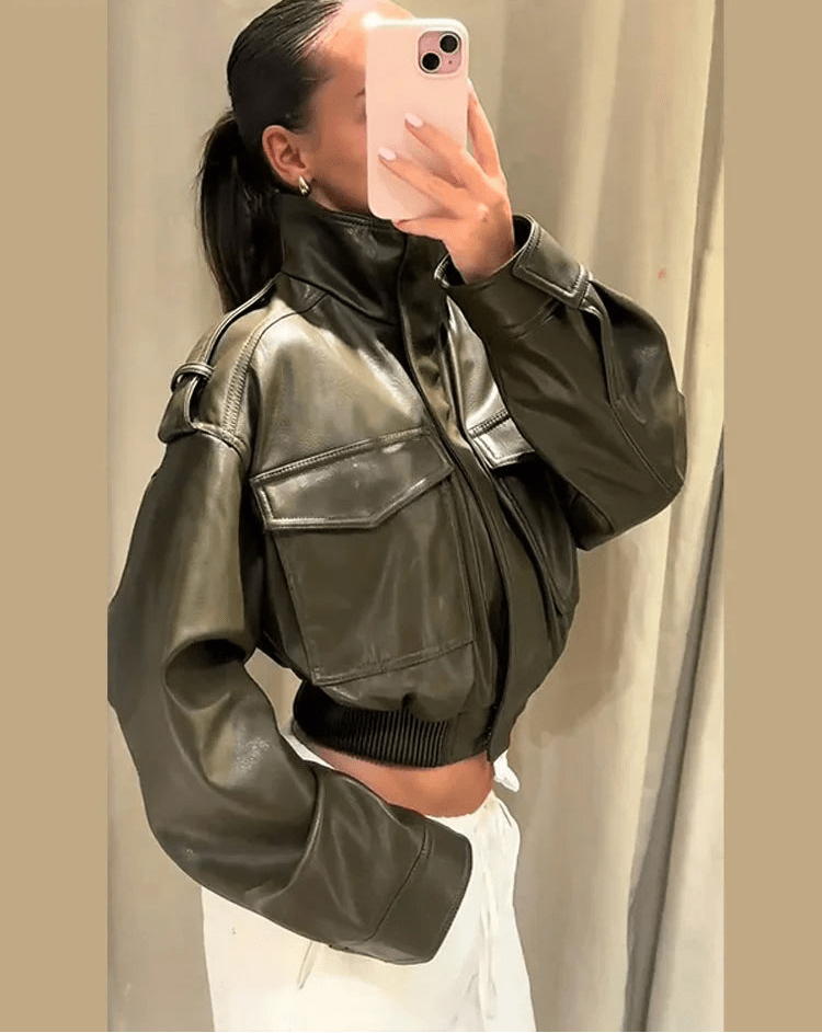 Brianna Faux Leather Bomber Jacket - Women's Fall and Winter Outerwear - Image 2